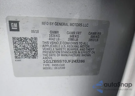 2018 Chevrolet Malibu 1Ls z USA, uszkodzony, nr VIN 1G1ZB5ST0JF243286